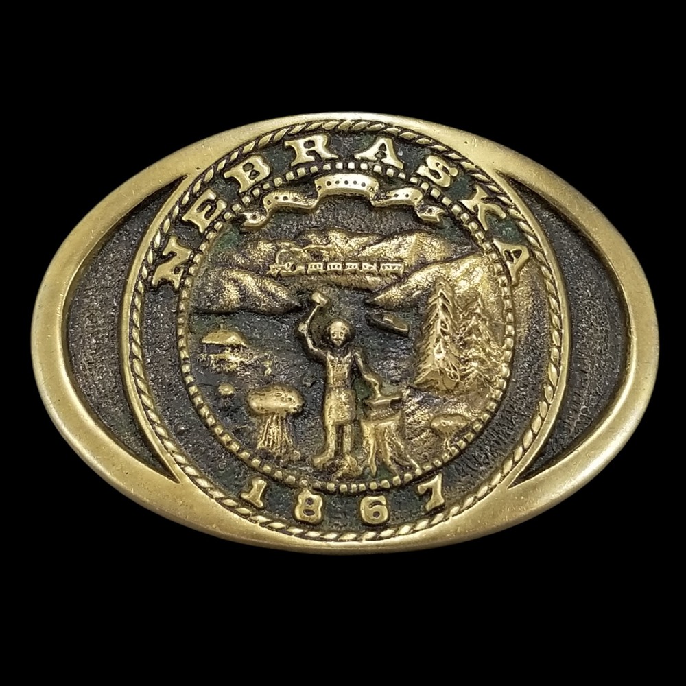 Heritage Mint Nebraska 1867 State Seal Solid Brass Belt Buckle Vintage 1977‎